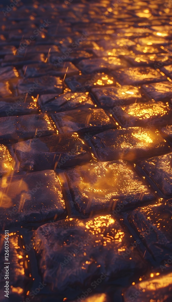 Poster close-up of rain-drenched cobblestones on a glowing urban street, neon reflections creating dynamic 