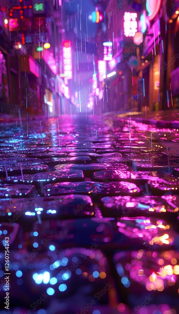 Poster close-up of rain-drenched cobblestones on a glowing urban street, neon reflections creating dynamic 