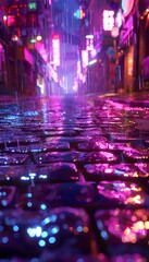 Close-up of rain-drenched cobblestones on a glowing urban street, neon reflections creating dynamic cinematic textures