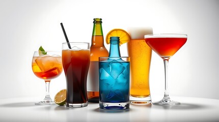 Drinks, coctails and beer isolated on white background