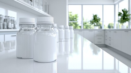 Lab bottles, research, clean lab, bright window, medicine development