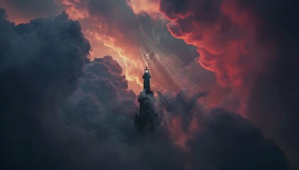 Obraz premium Low-angle shot of a lighthouse against stormy clouds, glowing pastel light from the horizon creating cinematic contrast