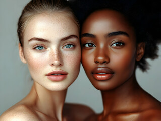 Portrait of diverse women with beauty concept on grey background