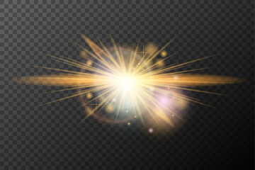 Light flash effect with flares and glow on a transparent background. Magical glow, shining light, star, optical flares for design, photomontage, New Year, and festive projects.