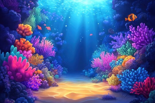 Fototapeta Vibrant Coral Reef Underwater Scene in Cartoon Style with Bright Colors and Dreamy Atmosphere for Children