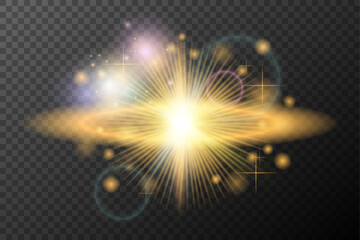 Light flash effect with flares and glow on a transparent background. Magical glow, shining light, star, optical flares for design, photomontage, New Year, and festive projects.