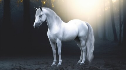 Majestic unicorn in moonlit forest with shimmering coat and ethereal mist surrounding it 3D art