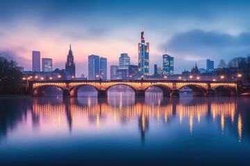 Fototapeta premium Frankfurt City Skyline at Dusk with Ignatz Bubis Bridge and River Main