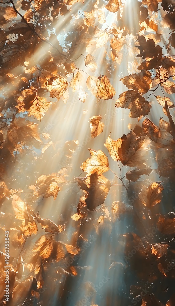 Poster close-up of glowing leaves in a dense forest illuminated by soft golden light, cinematic storytellin