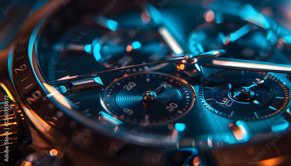 Poster close-up macro shot of a luxury wristwatch, intricate metal textures reflecting soft ambient light, 