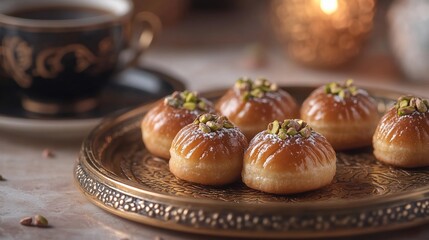 Golden tray of pistachio pastries, coffee, candlelight. Festive Middle Eastern treat