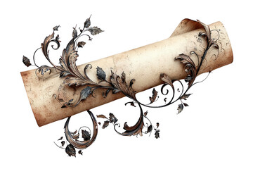 decorative scroll with intricate metal floral designs, showcasing elegance and artistry. aged parchment adds vintage touch, perfect for invitations or artistic displays