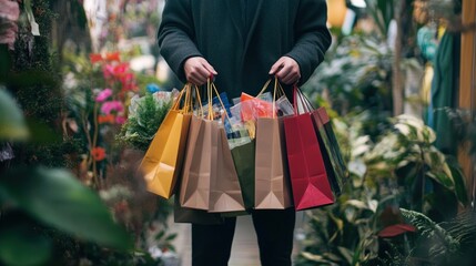 Botanical bounty a person laden with shopping bags amidst lush greenery