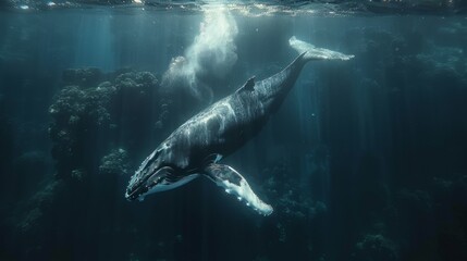 Fototapeta premium A humpback whale gliding through the deep blue ocean. The color palette is dark silver and light navy.
