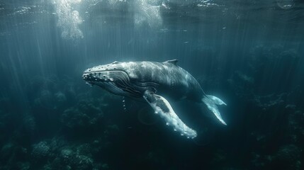 Fototapeta premium A humpback whale gliding through the deep blue ocean. The color palette is dark silver and light navy.