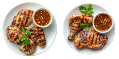 Thai-style grilled chicken Gai Yang with dipping sauce isolated on transparent background