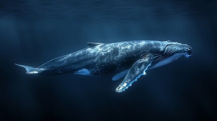 Fototapeta premium A humpback whale gliding through the deep blue ocean. The color palette is dark silver and light navy.
