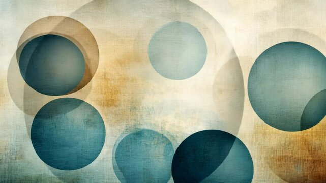 A sophisticated abstract composition featuring overlapping translucent circles in earthy blue and gold tones. The textured background adds depth and a vintage aesthetic, making it ideal for modern 