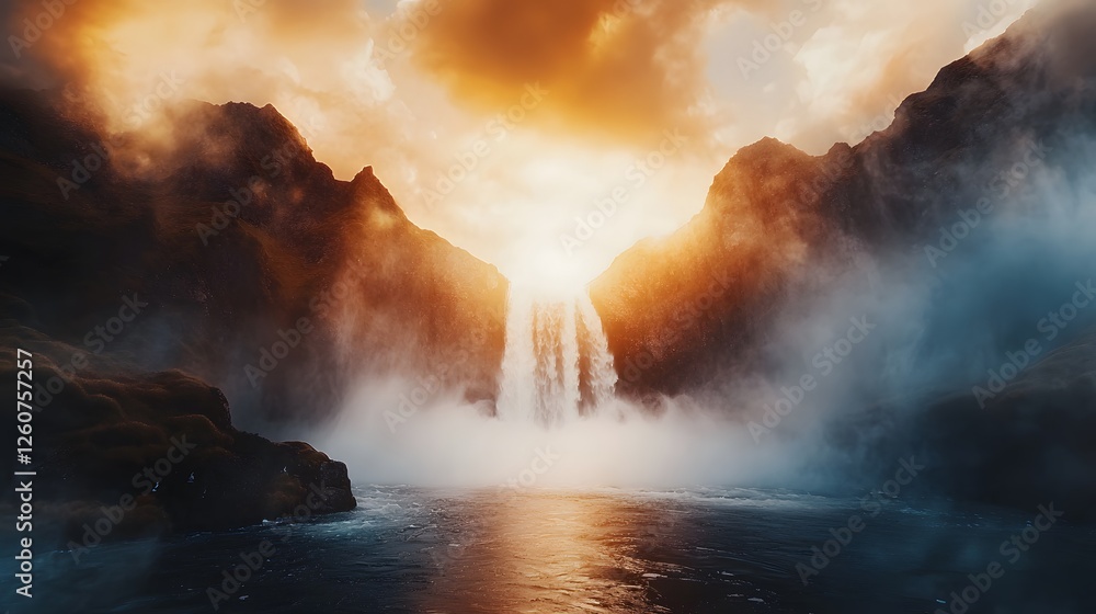 Poster low-angle view of a powerful waterfall illuminated by golden hour light, mist rising dramatically in