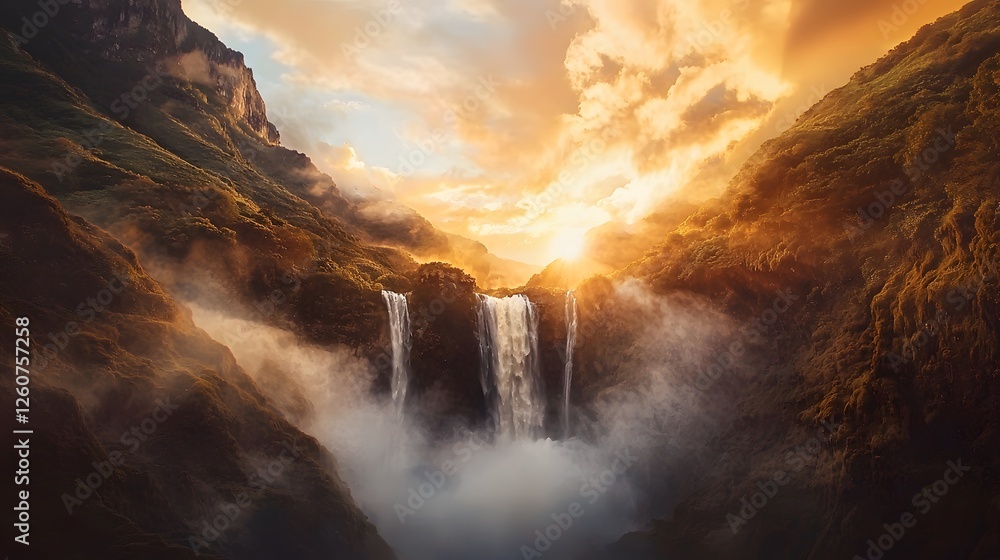Poster low-angle view of a powerful waterfall illuminated by golden hour light, mist rising dramatically in