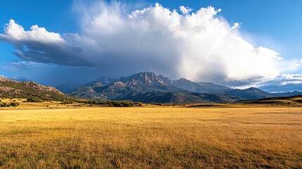 Vast field with lush green grass and a majestic mountain range in the background under a clear blue sky