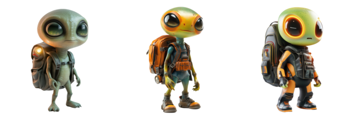 Set of Cute Cartoon Alien Character Design with Futuristic Backpacks
