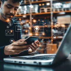 A professional holding a smartphone and working on a laptop, procurement management icons hovering in mid-air, supply chain diagrams seamlessly integrating with retail visuals
