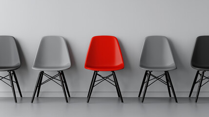 A red chair disrupts the uniformity of gray office chairs, creating a bold statement in a minimalist setup against a white background (1)