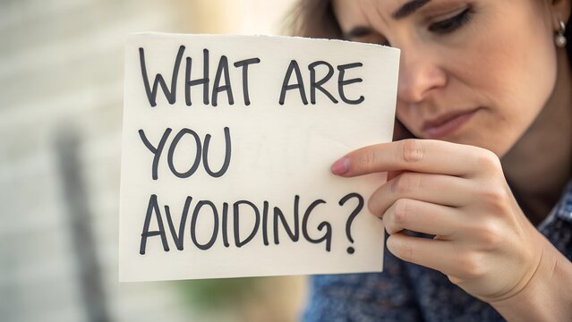 a woman holding a piece of paper with the question "WHAT ARE YOU AVOIDING?