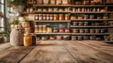 A rustic wooden table foreground, surrounded by a cozy supermarket vibe with blurred shelves displaying artisanal products, including jams, honey, and baked goods (1)