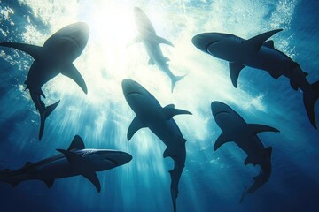 Fototapeta premium Majestic Sharks Swimming Gracefully Underwater in Sunlit Ocean