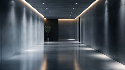 A dimly lit hallway with a small potted plant at its end.