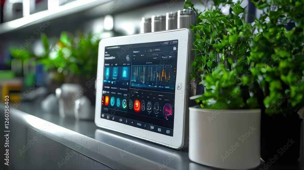 Poster a futuristic digital control interface displayed on a sleek tablet in an industrial setting