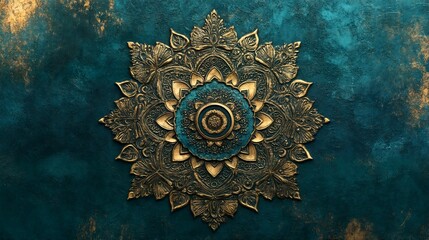 mandala design on blue and gold background.