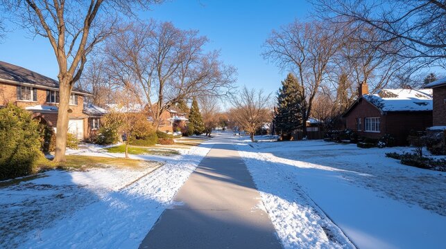 Snow covered street with trees lining both sides in a winter landscape scene - Powered by Adobe