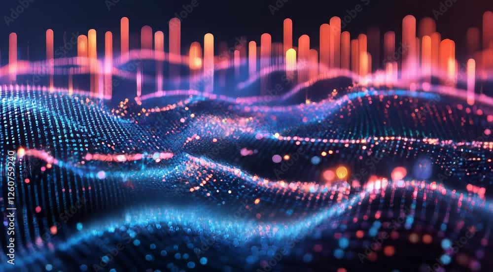 Poster dynamic abstract representation of digital waves featuring glowing particles in vibrant colors, crea