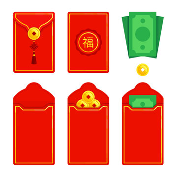 Chinese red envelope (red packet, lai see, hongbao, ang pau, 利是, 红包) with gold coins. Prosperity, good fortune, and Lunar New Year gift concept. Flat vector illustration isolated on white background	