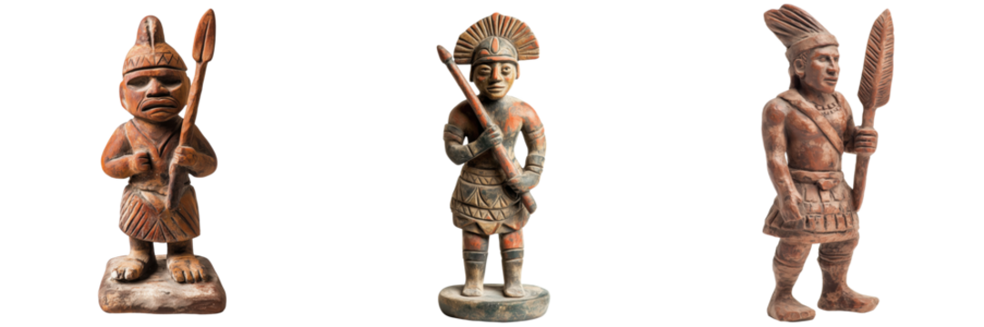 A clay figurine depicting a tribal warrior isolated on a transparent background