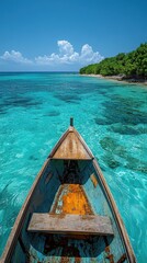 Obraz premium A Nostalgic and Serene View from the Bow of a Rustic Wooden Boat on Crystal-clear Turquoise Waters Against a Backdrop of Lush Green Forest