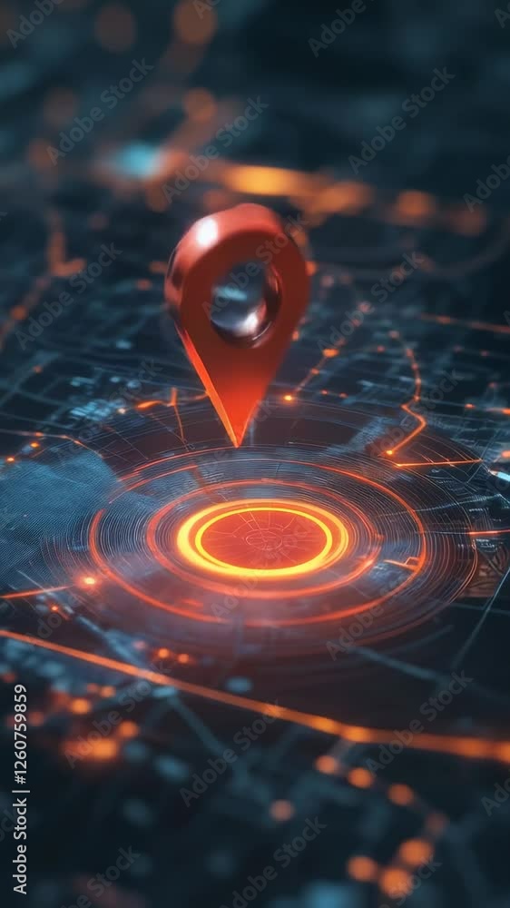 Poster Location marker pulsating with glowing light on futuristic digital navigation interface, representing global positioning technology in seamless slow motion animated loop