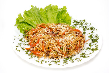 Stir-fried noodles with vegetables on a white background in the restaurant