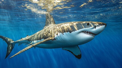 Fototapeta premium Great white shark underwater, ocean sunlight, marine wildlife, nature documentary (1)