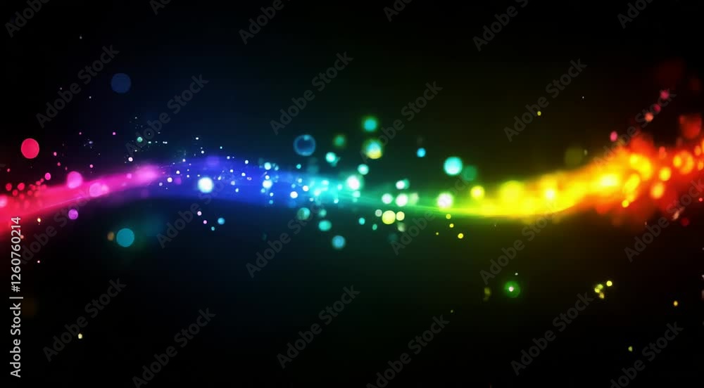 Poster vibrant abstract wave featuring glowing particles in a spectrum of colors against a dark backdrop, c