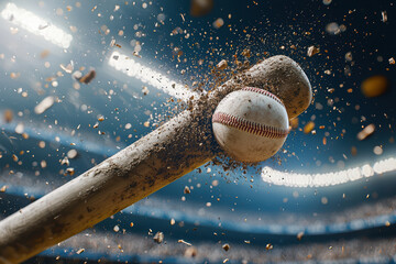 Flying baseball, baseball bat hitting ball with dramatic impact, surrounded by flying debris in stadium