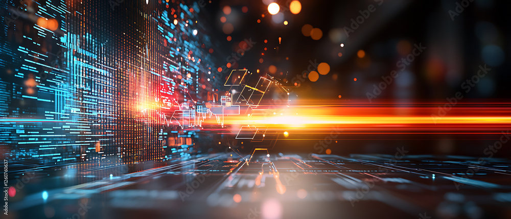 Poster dynamic digital data flow virtual environment abstract visuals futuristic perspective technology con