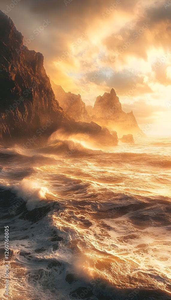 Poster surreal coastal cliffs glowing in golden light, cinematic framing capturing dynamic ocean waves