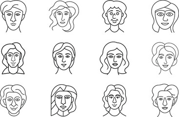 Twelve minimalist line drawings depict diverse faces with varying hairstyles and subtle expressions. Clean, simple style black outlines on white background. Suitable for avatars or website design.