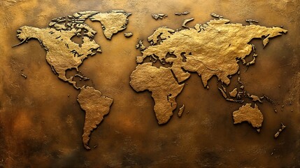 Gold world map on brown background.