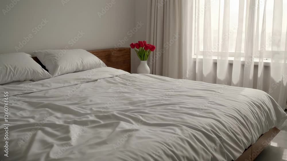Poster soft sunlight filtering through sheer white curtains gently illuminating unmade bed with white linen