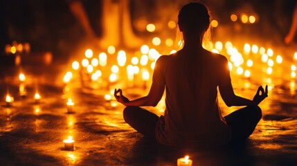 Woman meditating amongst glowing candles embracing inner peace and serenity
